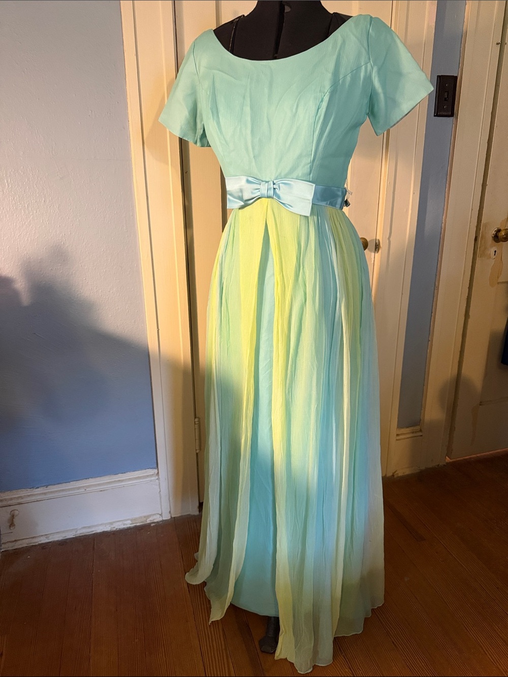 Pastel Mint and Lemon Ombre Vintage Maxi Dress with Bow Waist